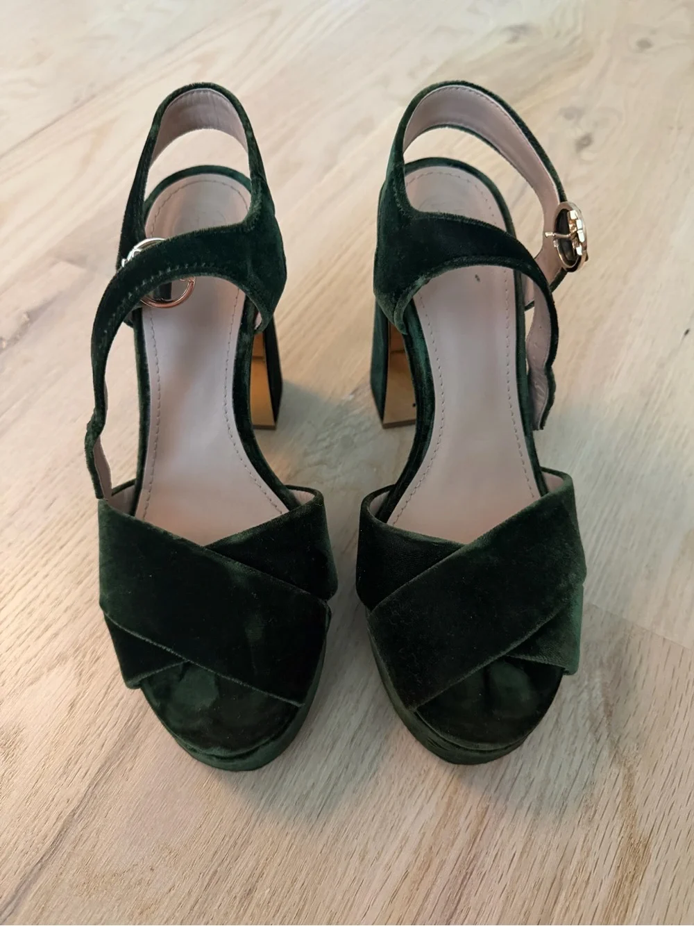 Tory Burch Forest Green Velvet Crisscross Block Heel Sandals